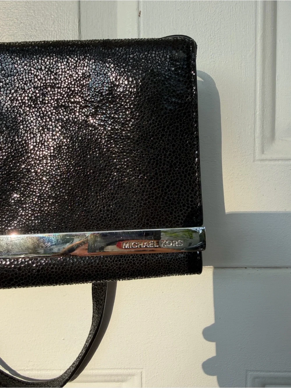 Michael Kors Black Leather Shoulder Bag Silver Metal Logo Bar Trim